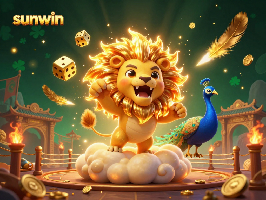 Experience the thrill of sunwin with a roaring lion and golden dice in this vibrant casino scene.