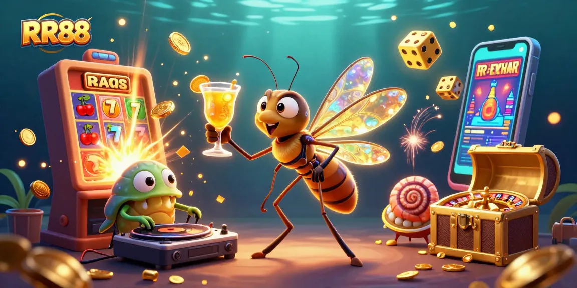 Experience thrilling gameplay at RR88, featuring a vibrant casino scene with a frozen mosquito mascot and golden roulette.