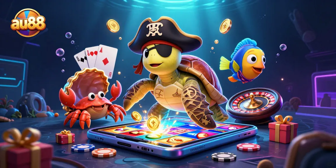 Engage with au88 as the pirate turtle and friends uncover vibrant slot treasures amidst an underwater oasis.