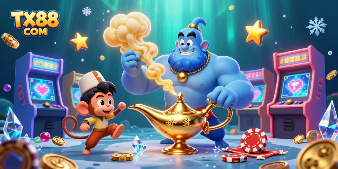 Engage with TX88 COM as a genie brings gaming luck in a vivid 3D casino scene filled with captivating elements.