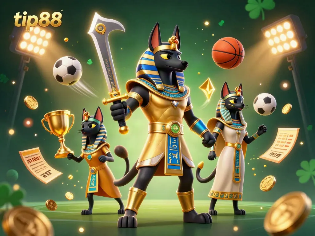 Tip88's thrilling betting action brings sports excitement to life, featuring Anubis and Bastet amidst dynamic gaming elements.