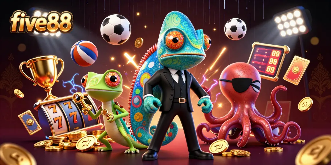 Engaging scene of five88's vibrant chameleon and companions spinning slot reels and jackpots.
