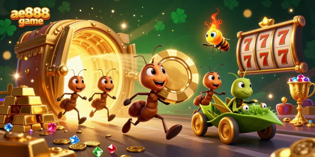 Experience the excitement of ae888game with playful ants heist carrying a giant poker chip amid casino treasures.