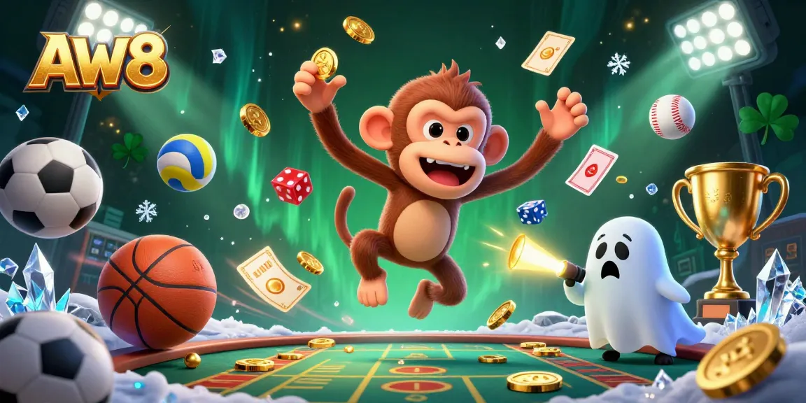 AW8 showcases a mischievous poltergeist monkey juggled with golden gambling elements in a haunted casino scene.