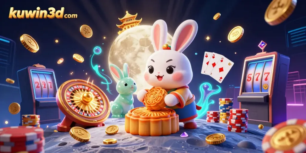 Experience immersive gameplay at kuwin3d com with vibrant casino games, touted by a charming moon rabbit.