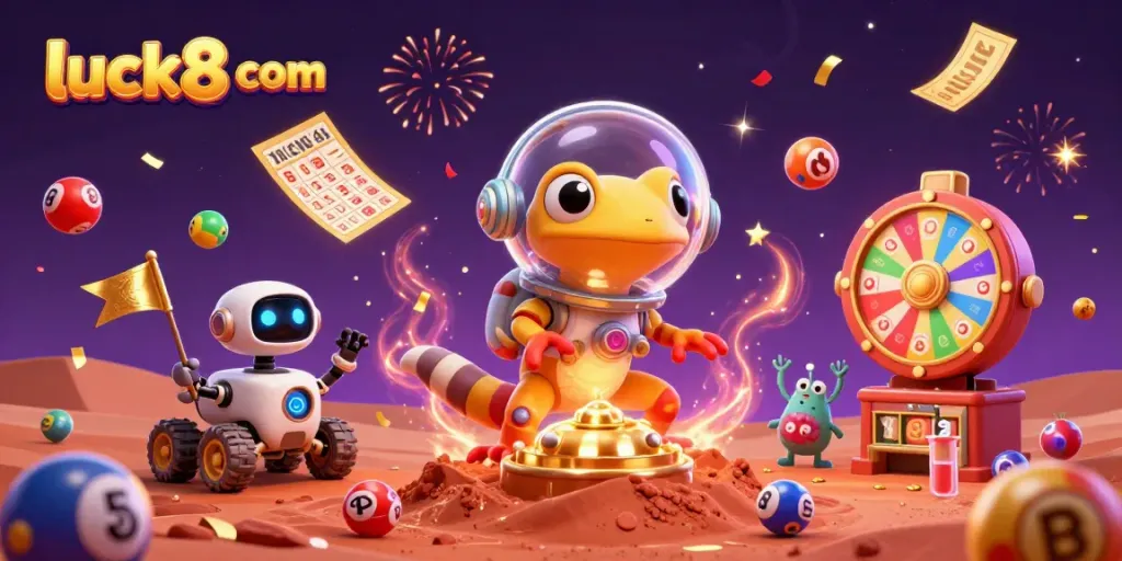 Engage with luck8 com through thrilling lottery and casino experiences in a vibrant cosmic scene.