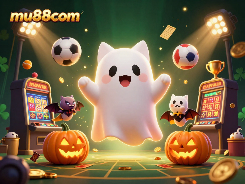Exciting mu88com gaming scene with a friendly ghost cat, sports elements, and glowing jackpots.