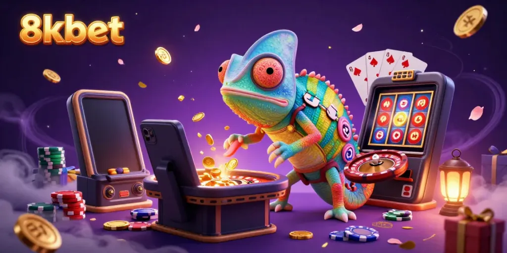 Engage in exciting casino experiences with the vibrant 8xbet chameleon owner collecting golden coins amidst a dynamic gaming scene.