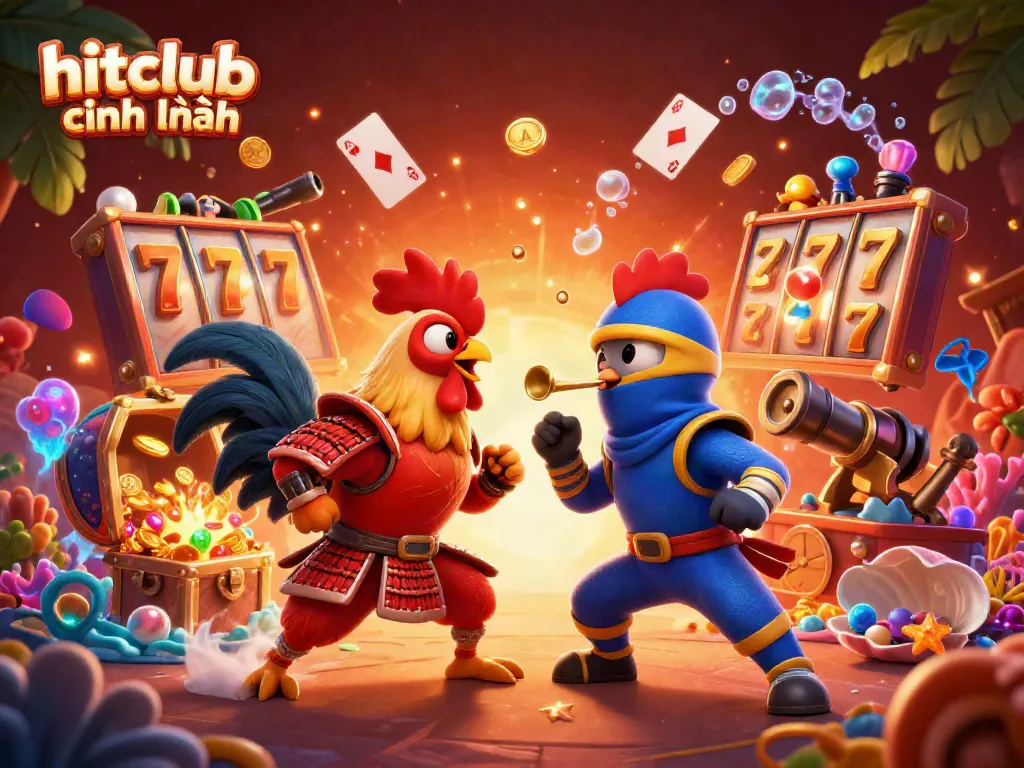 Experience excitement with hitclub chính hãng as fighting roosters clash amidst spinning slot reels and gold treasures.