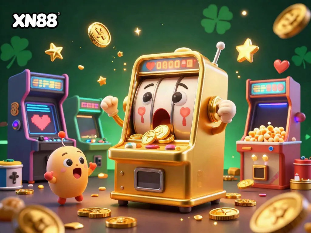 Celebrate your wins at XN88 with a dynamic 3D illustration of animated slot machines and gaming excitement.