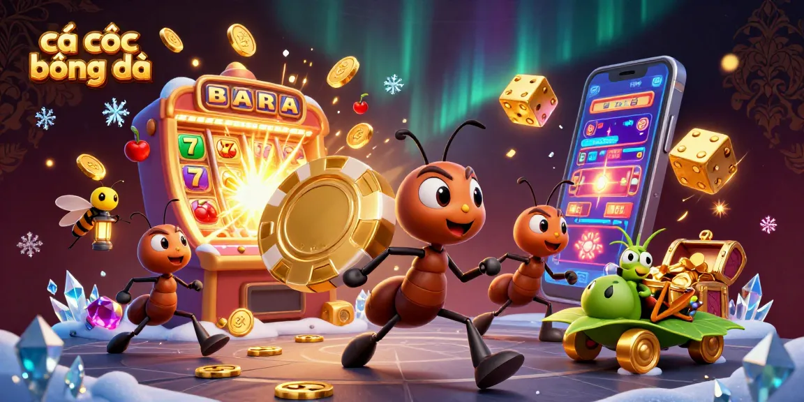 Cá cược bóng đá scene depicting animated ants heisting a giant poker chip and a grasshopper driver amidst casino elements.