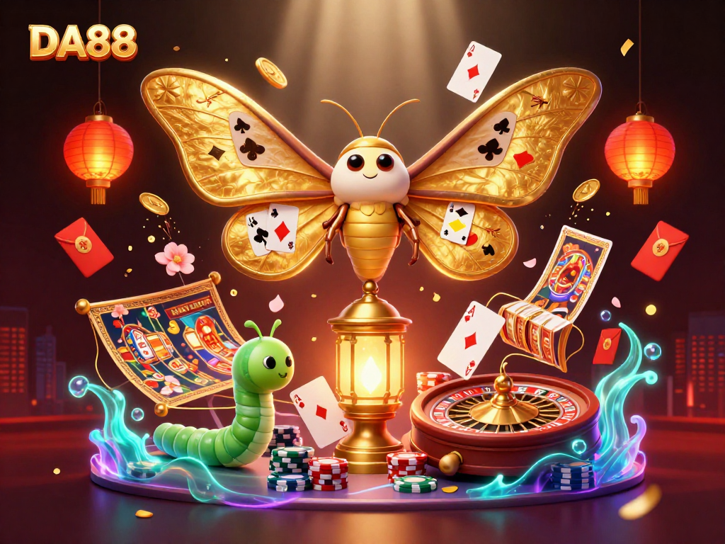 Experience DA88's vibrant casino scene, featuring dynamic poker elements and golden motifs.