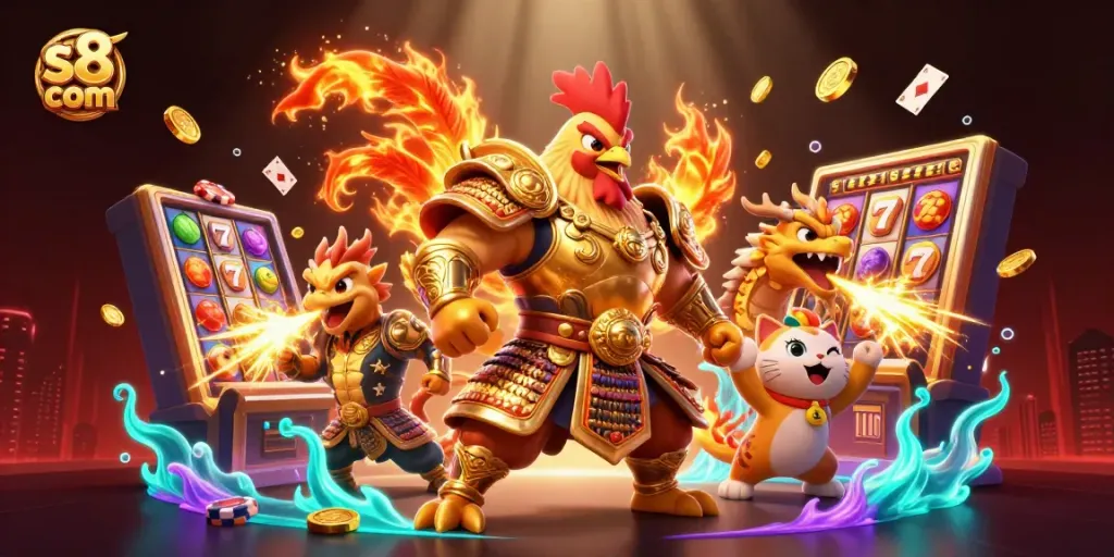 Play slots with s8 com amidst vibrant casino-themed 3D illustration of characters and game elements.