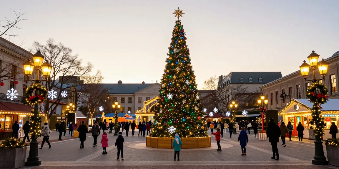 Magical outdoor Christmas lighting display showcasing a large illuminated tree, enhancing festive spirit with warm city lights.