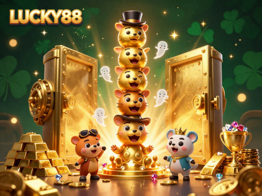 Spin to win at LUCKY88 with a vibrant illustration featuring dynamic casino elements and golden treasures.