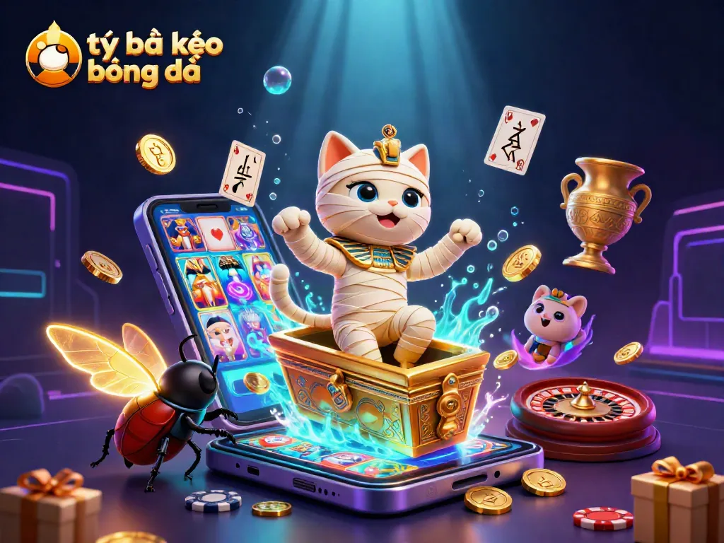 Experience the thrill of tỷ lệ kèo bóng đá as a cartoon mummy cat emerges in a vibrant casino.