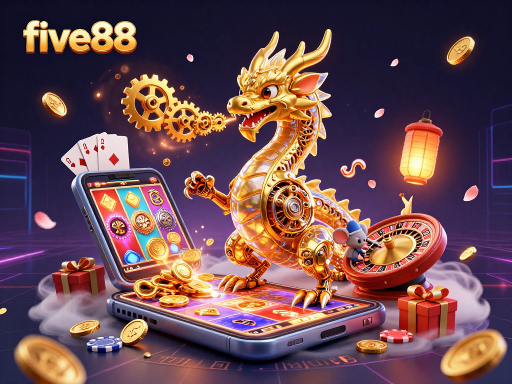 The five88 golden dragon emits gears and cogs while vibrant slot game elements surround it, showcasing thrilling casino action.