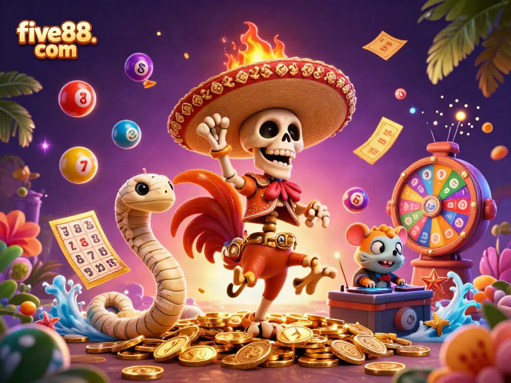 Engage with five88. com as a mariachi rooster wins on golden coins amidst casino excitement.