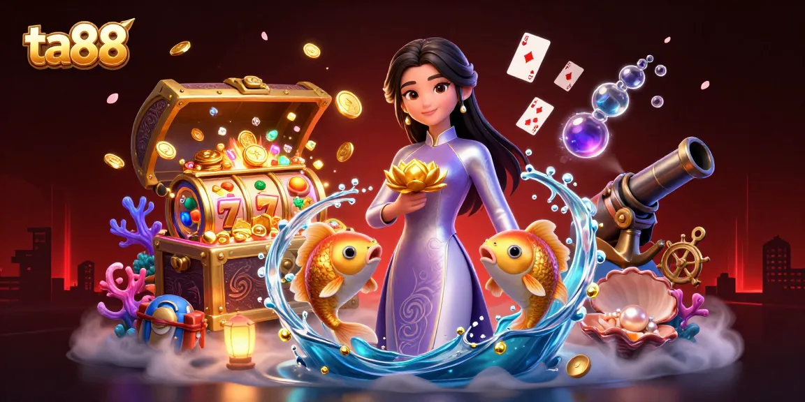 Join the ta88 adventure with slots, treasures, and vibrant gaming elements in a colorful underwater scene.