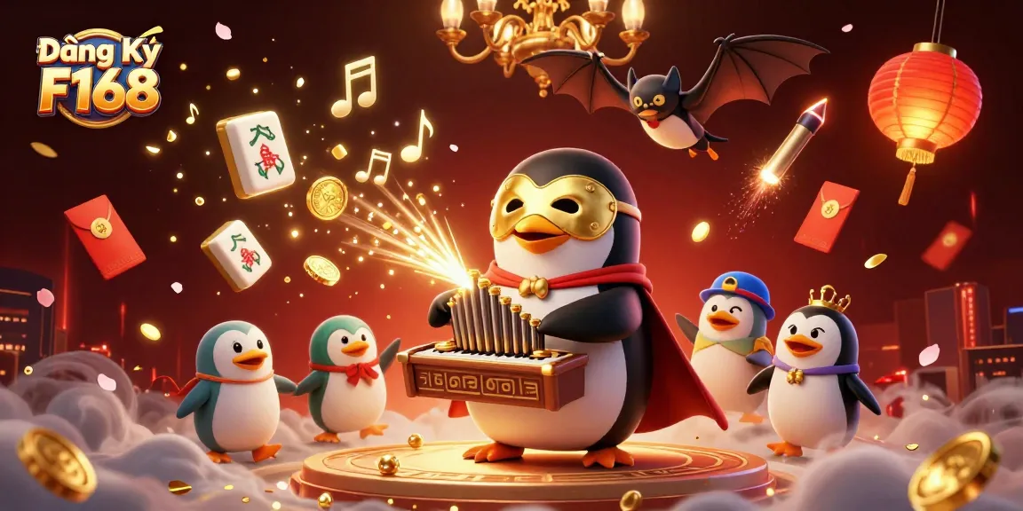Win big at Đăng Ký F168 as the phantom penguin plays for golden coins in an enchanting casino scene!