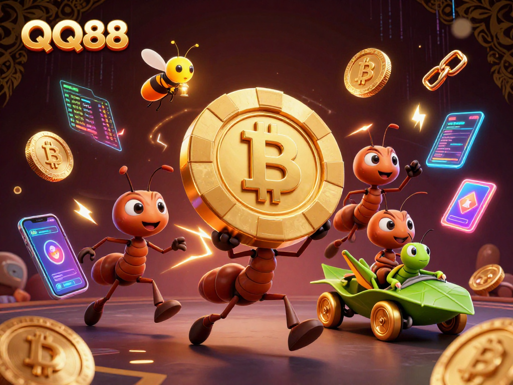 Join the QQ88 heist with cartoon ants carrying a giant poker chip amid glowing crypto coins.