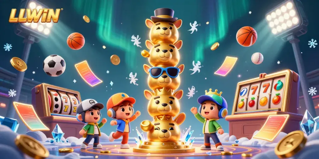 Experience the excitement of LLWIN with a dynamic 3D casino scene featuring playful totem poles and vibrant sports elements.