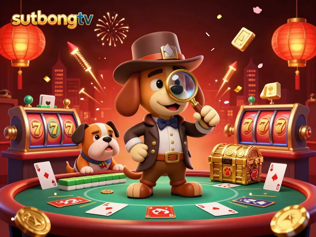 Sutbongtv presents a vibrant scene with a detective examining poker chips, immersed in a lively casino atmosphere.