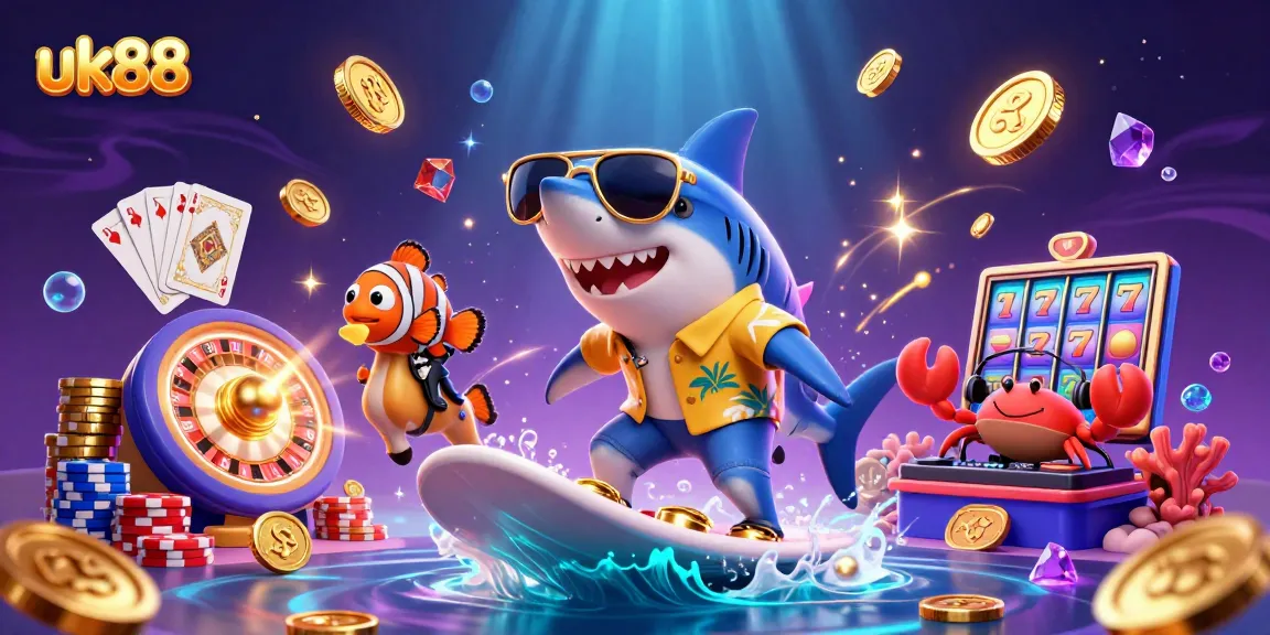 Experience the thrilling action of uk88 with a vibrant casino-themed illustration featuring unique sea creatures and gambling elements.