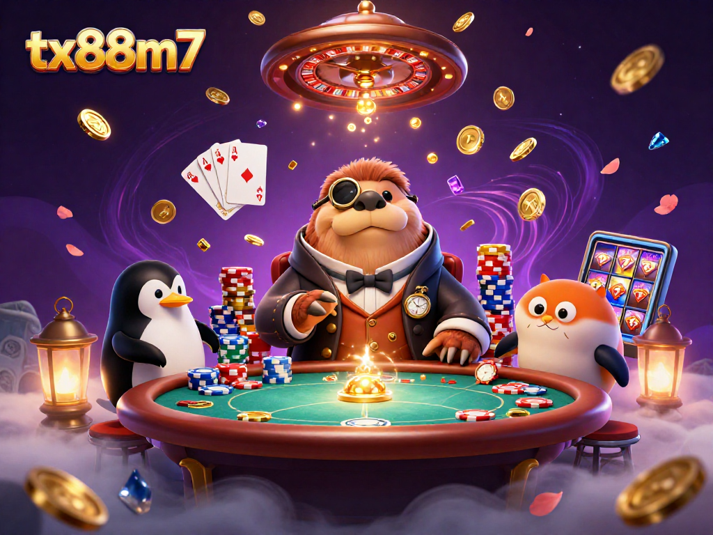 tx88m7 showcases a playful underwater poker scene with vibrant characters and casino action.