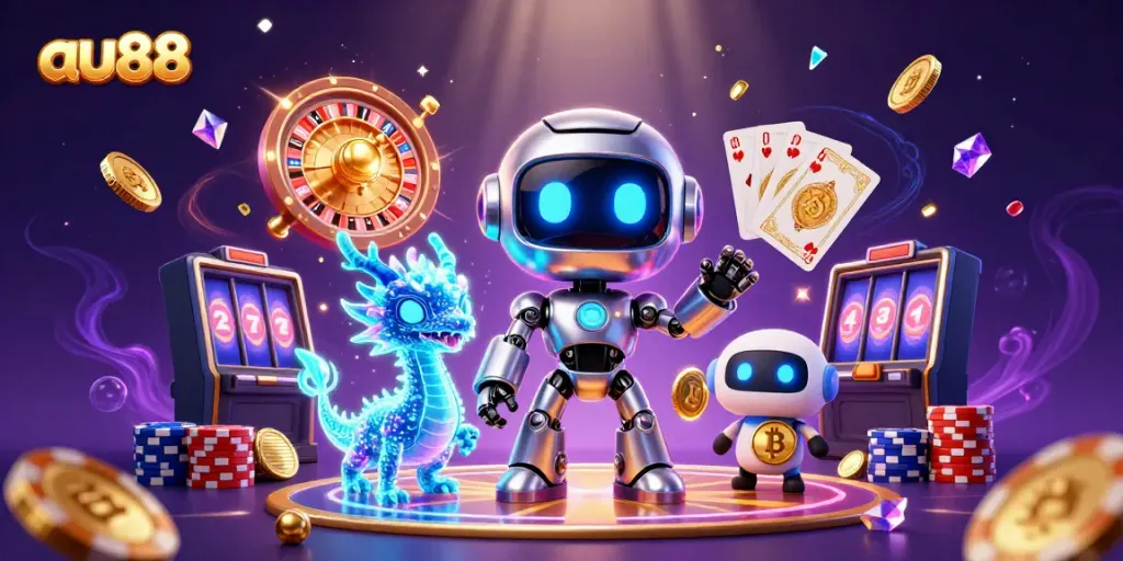 Experience the excitement of au88 with vibrant casino graphics showcasing a futuristic mascot and dynamic game elements.