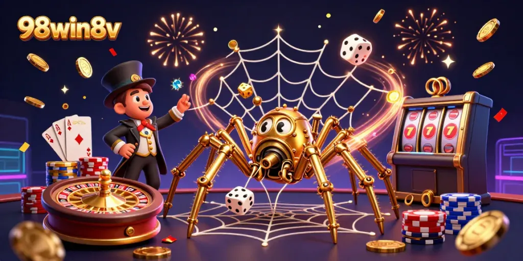 Engage with thrilling gaming at 98win8v, featuring vibrant casino elements and dynamic characters.