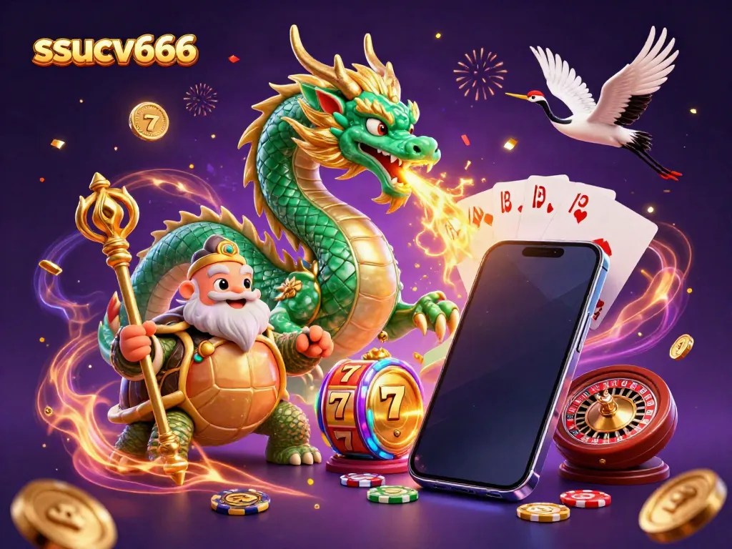 Engage with the vibrant world of ssucv666 featuring a jade dragon, turtle sage, and lucky cranes in a colorful casino display.