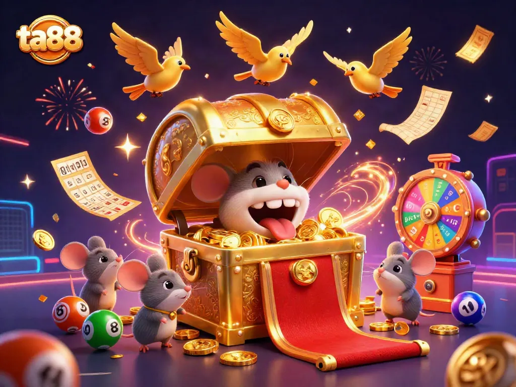 Engage with ta88 in a vibrant casino scene featuring dynamic lottery elements and celebrating characters.