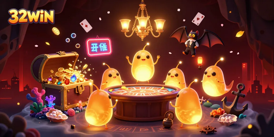 32WIN glowworms illuminate a vibrant cave casino scene filled with colorful gems and magical elements.