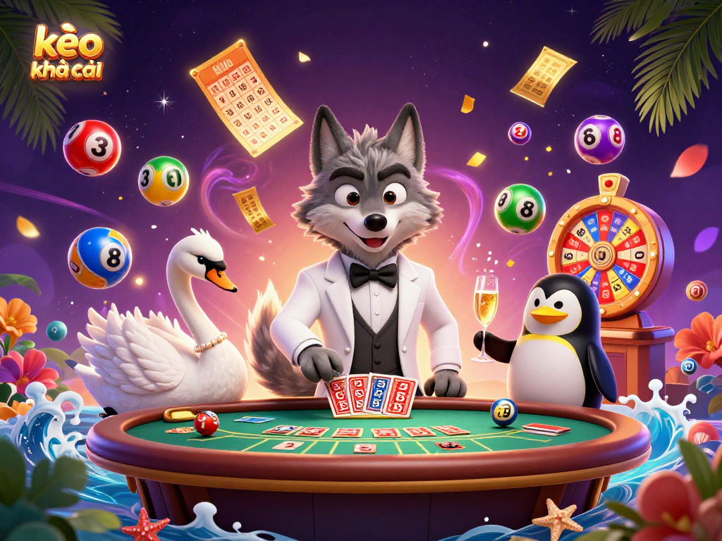 Illustration of kèo nhà cái with a debonair wolf at the baccarat table and a swan dealer surrounded by lottery balls.