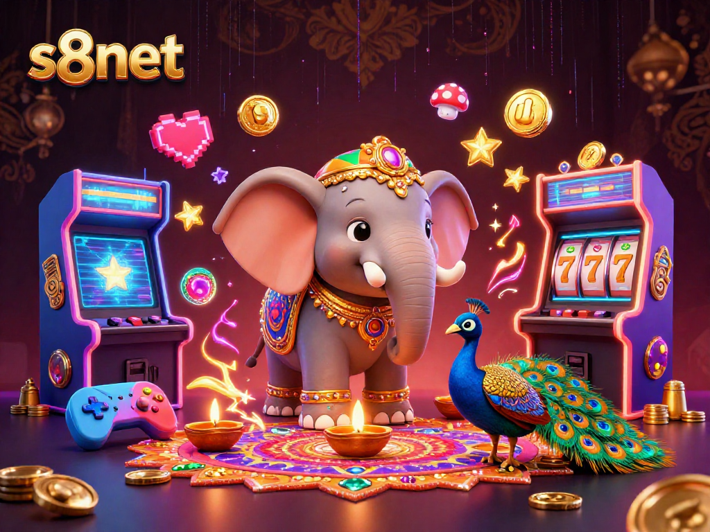 Engage with s8net in vibrant casino fun featuring an ornate elephant, peacock, and colorful games.