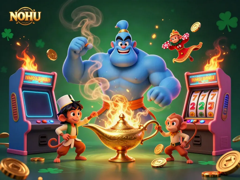 Experience the excitement of NOHU as a blue genie bursts from a lamp, amidst vibrant casino elements.