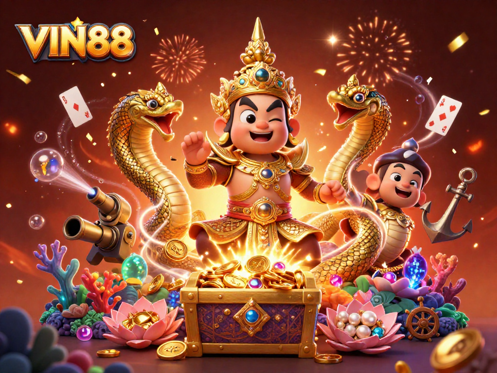 Win big at VIN88 with vibrant gambling-themed 3D illustration showcasing engaging characters, treasures, and casino elements.