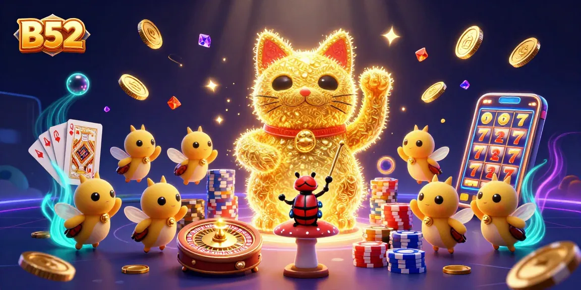 Spin the B52 lucky cat slot reels amidst a vibrant casino scene of golden coins and cards.