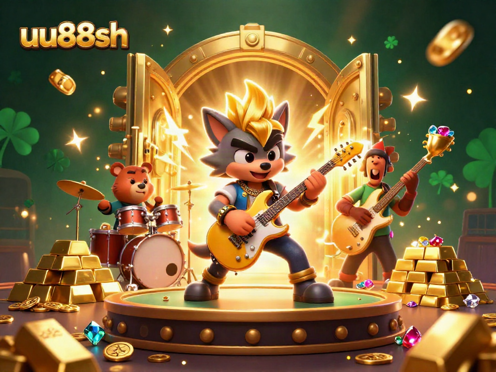 uu88sh rock star wolf playing guitar on casino stage surrounded by treasure and jackpots.