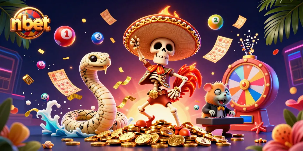 Engage with n bet in this vibrant 3D casino illustration featuring dynamic lottery and gaming elements.