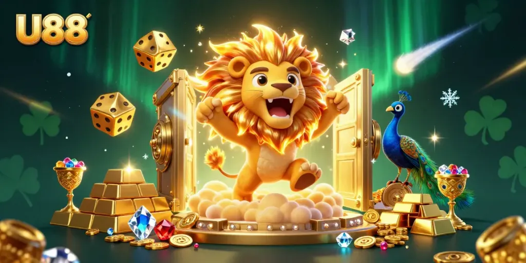 Engage in thrilling casino fun with U88, featuring a vibrant 3D sun lion and golden treasures.