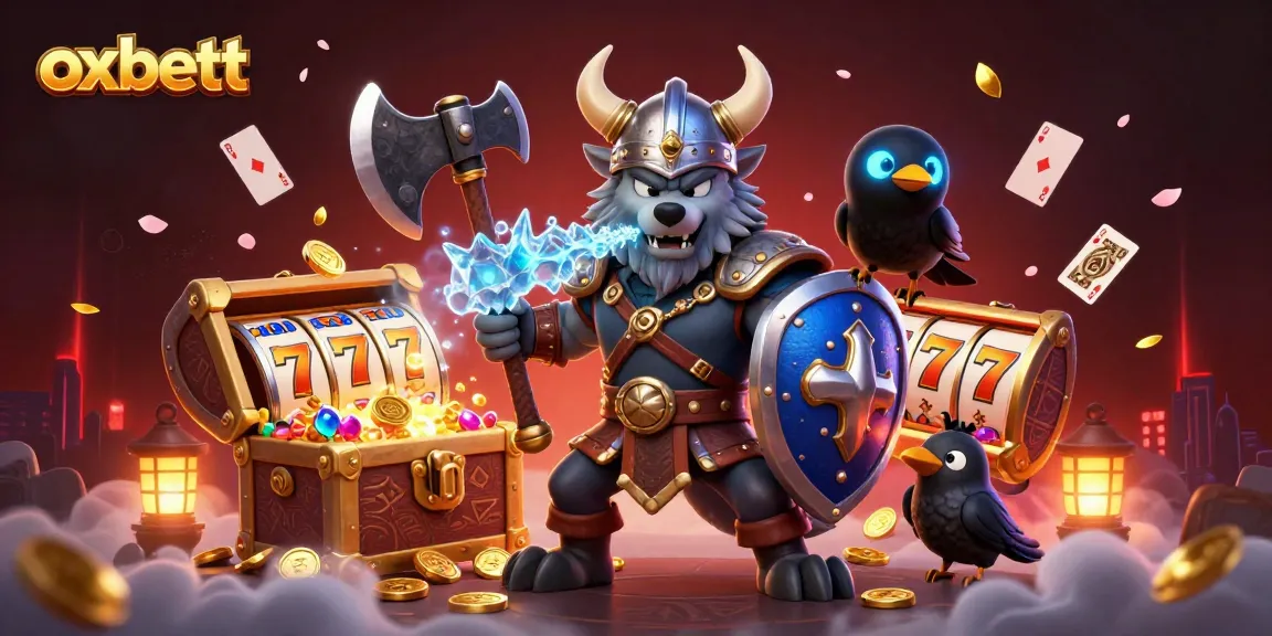 Engage in thrilling slots and jackpots with the captivating scene of oxbett's Viking warrior, dragon, and vibrant casino elements.