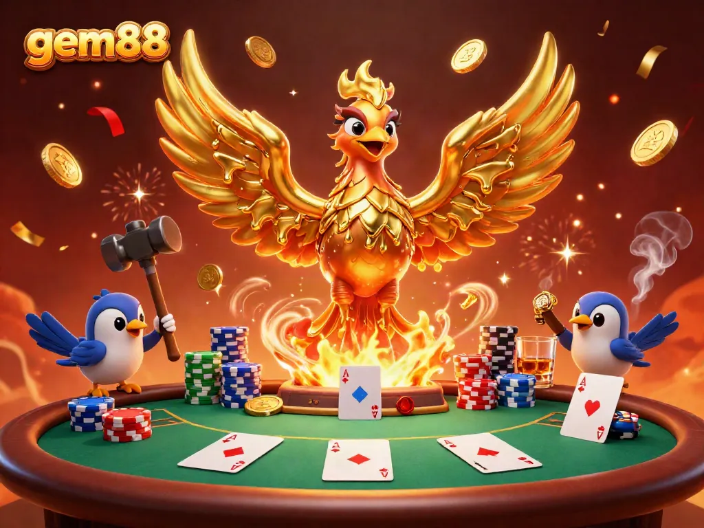 Win big with gem88 as a golden phoenix rises from the forge, revealing a world of poker.