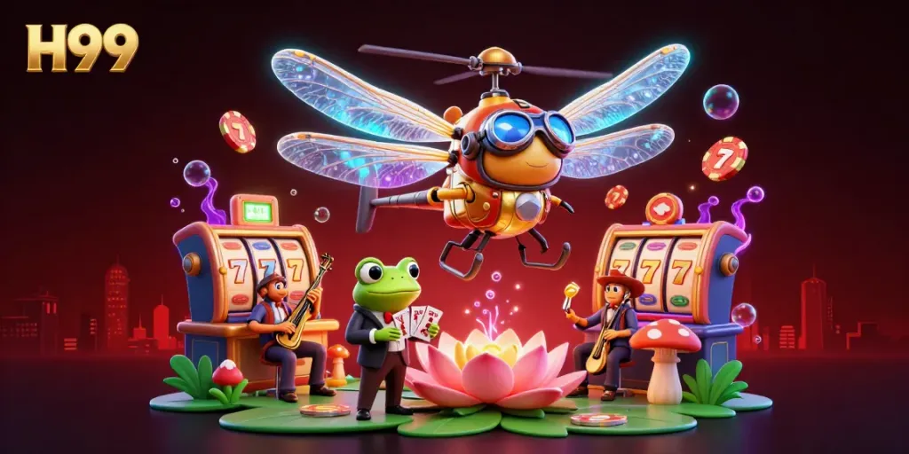 Experience the thrilling H99 casino scene with vibrant characters and dynamic gaming elements vividly illustrated.