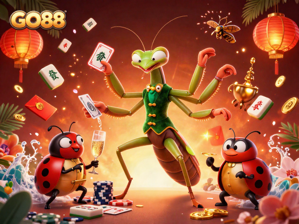 Experience the excitement of GO88 with a vibrant 3D illustration of casino action and winning elements.