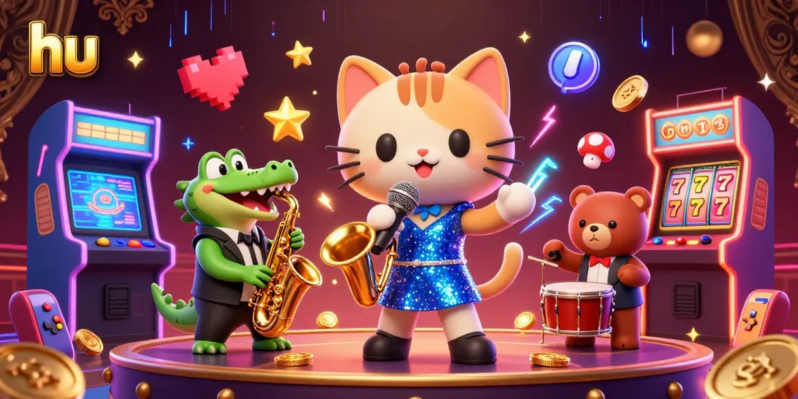 Engage in exciting casino games with hu's vibrant illustration featuring a jazz-singer cat, saxophone crocodile, and drum bear in action.