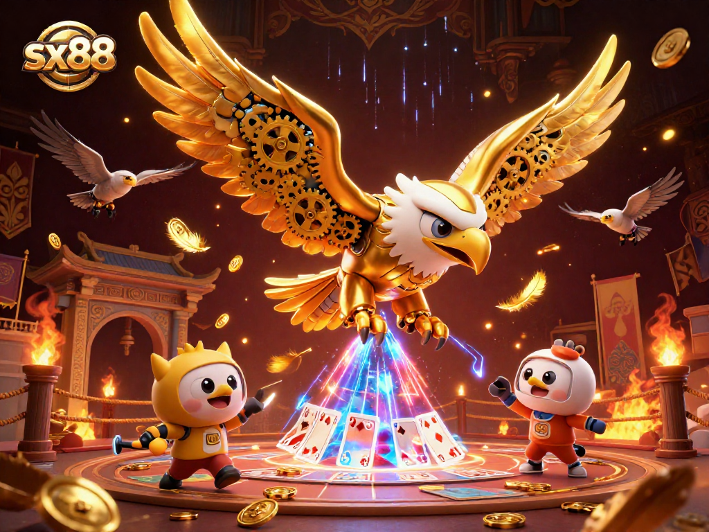 SX88 showcases exhilarating gameplay with a cybernetic eagle diving through holographic cards.
