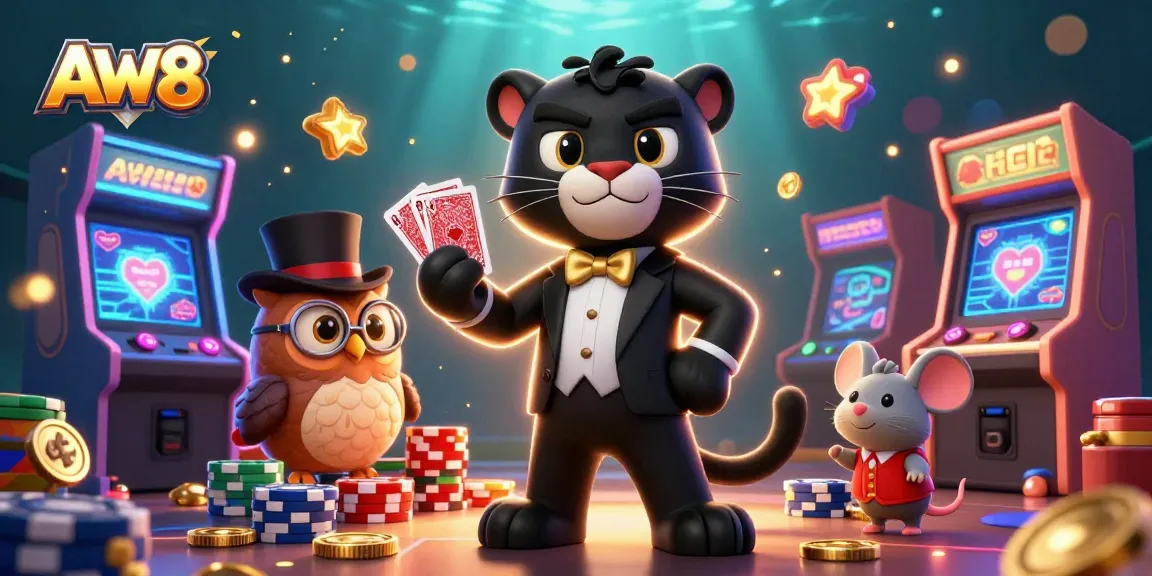 AW8's black panther deals cards in a vibrant casino scene with charming characters and playful slots.