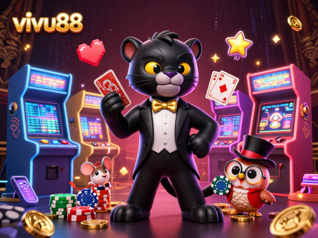Experience the excitement of vivu88 with a stylish panther dealer and charming characters at a vibrant casino scene.